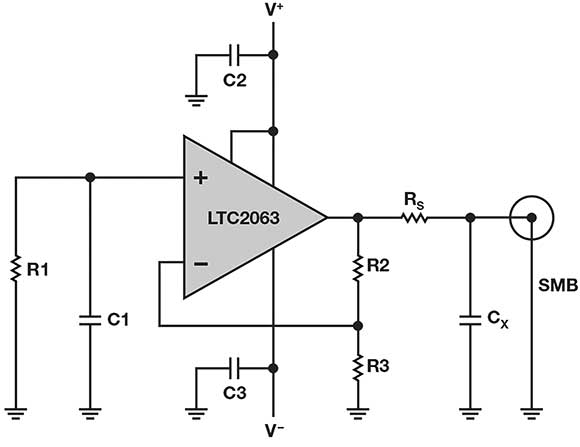 Figure 1. Full schematic of white noise generator. Low-drift micropower LTC2063 amplifies the Johnson noise of R1. 
